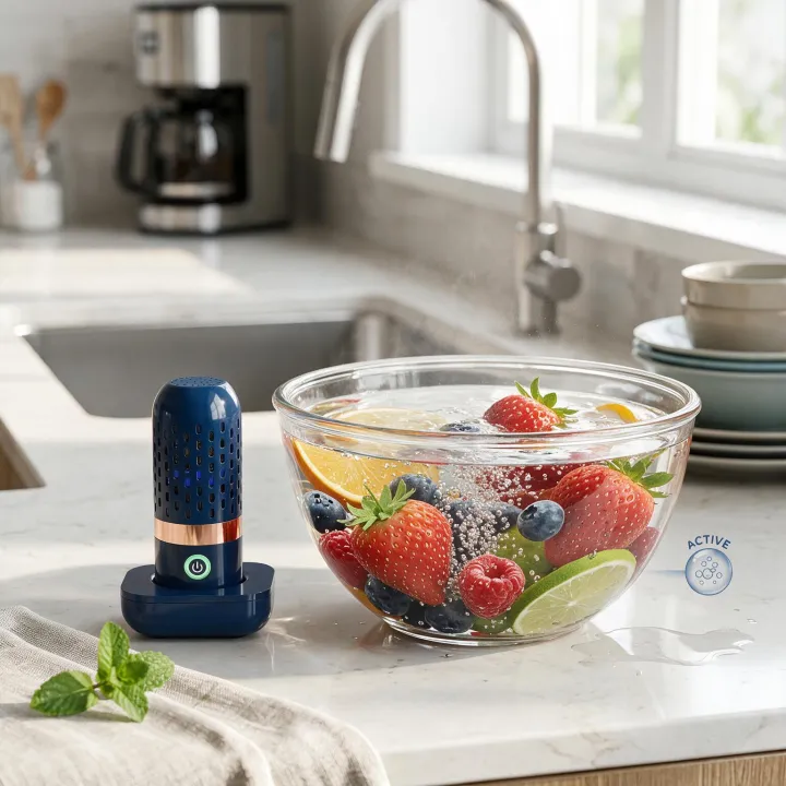 Glass bowl of strawberries, blueberries, raspberries and citrus in water next to the PodBloom on its charging base